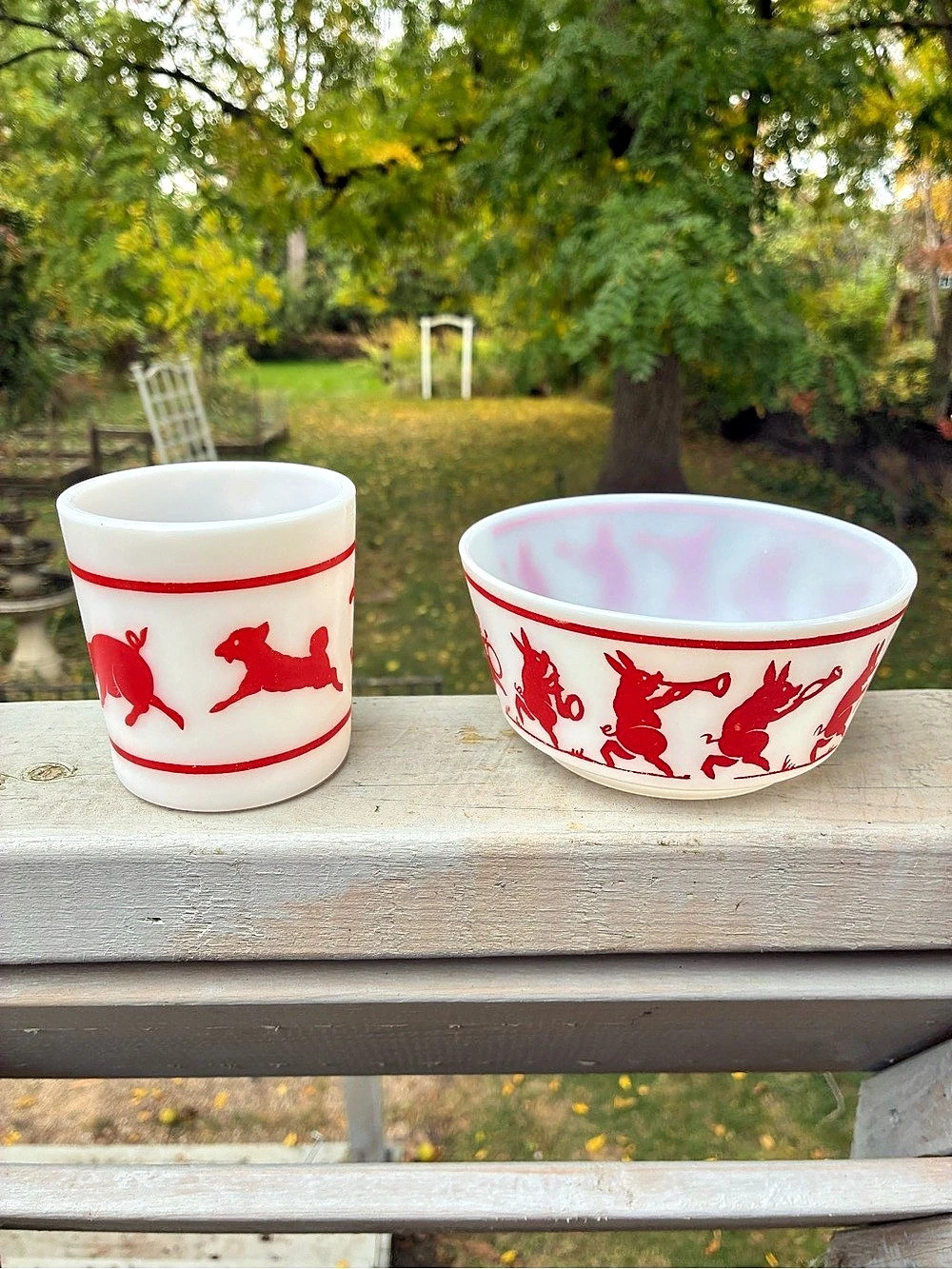Vintage Hazel Atlas Dancing Pigs and Farm Animals Milk Glass Mug and Bowl Set